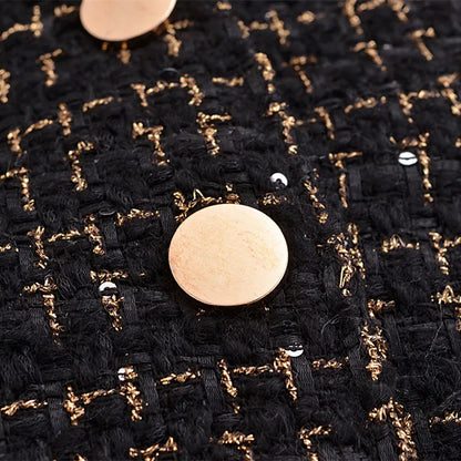 Conjunto de 2 piezas de blazer de tweed con línea dorada y tejido negro para mujer, estilo retro francés, cintura alta, botones centrales, cremallera trasera y minifalda.