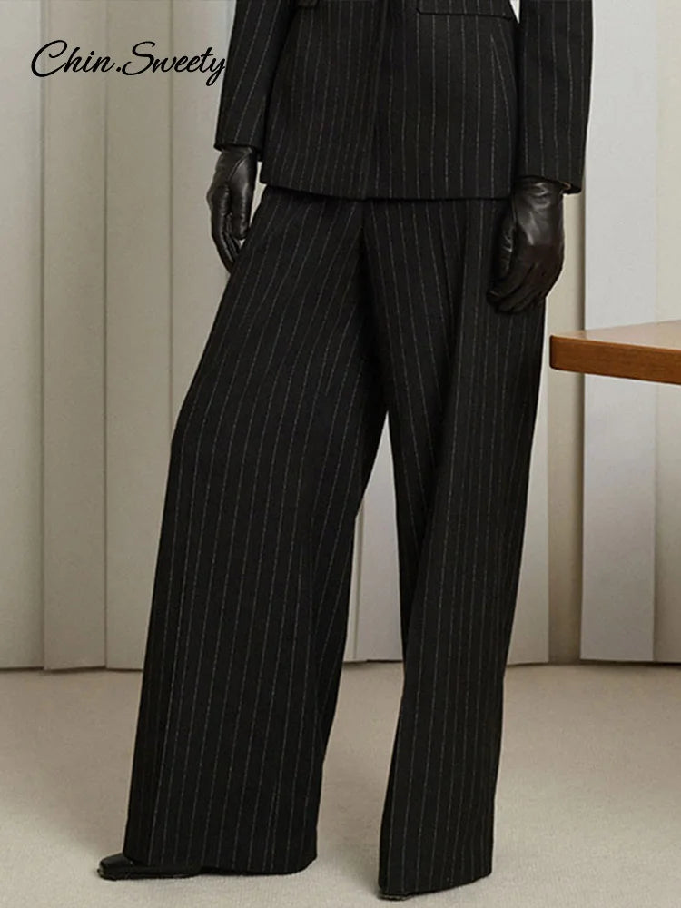 Striped Pant 2 Piece Set Women Double-breasted Full Sleeve Blazer Wide Leg Zipper Long Trousers Female 2025 Lady Commute Outfits