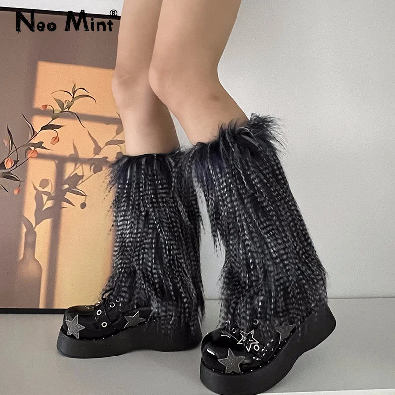 Calentadores de piernas de piel sintética gótica Y2K para mujer, cubrebotas Harajuku, Lolita, chicas, punk, moda, lindos leggings hipster JK, cálidos y esponjosos
