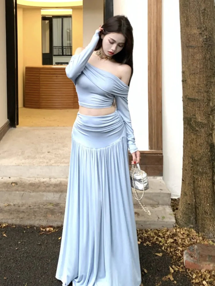 Conjunto de falda de dos piezas para mujer, top corto con cuello halter y cintura alta, moda coreana, ropa de calle, otoño