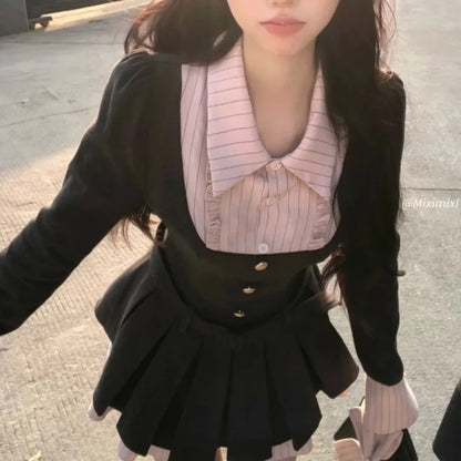 Vestidos blazer Y2K para mujer, estilo preppy, otoño, nuevo, patchwork, manga larga, plisado, corte A, lazo, moda coreana, ropa femenina