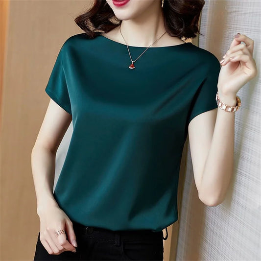 Blusas de oficina de verano de manga corta con cuello redondo, blusa de satén, camisas para mujer, camisas casuales lisas y holgadas, blusas DF4904