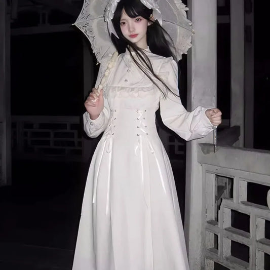 Vestidos midi estilo japonés Kawaii con cordones para mujer, vestido de fiesta de princesa, manga larga, cuello redondo, cintura alta, Y2K, vestidos góticos para mujer