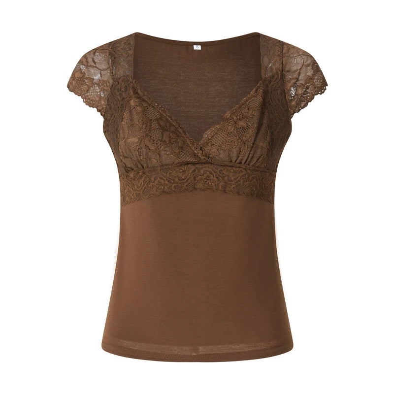 Tops cortos de encaje marrón con estética vintage para mujer, camiseta de manga corta con cuello en V, ropa grunge de hadas Y2K, ropa urbana de los años 2000
