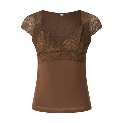 Tops cortos de encaje marrón con estética vintage para mujer, camiseta de manga corta con cuello en V, ropa grunge de hadas Y2K, ropa urbana de los años 2000