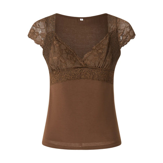 Tops cortos de encaje marrón con estética vintage para mujer, camiseta de manga corta con cuello en V, ropa grunge de hadas Y2K, ropa urbana de los años 2000
