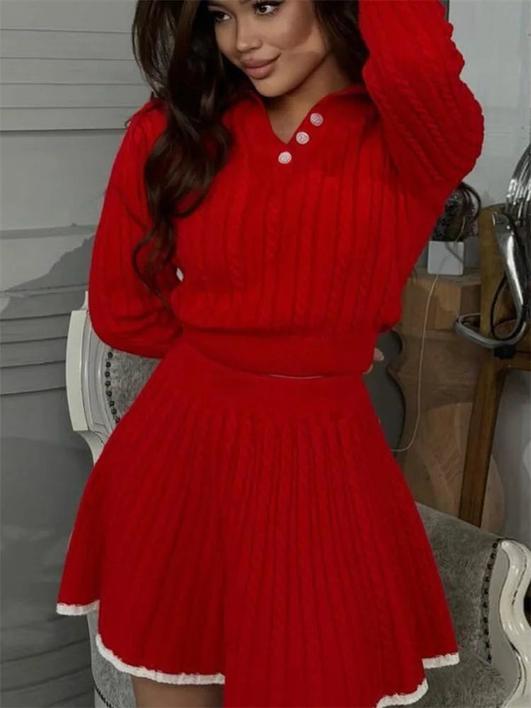 Autumn Fashion 2 Piece-Set Skirt Women’s Patchwork Contrast Long Sleeve Lapel Pullover And High Waist Mini Skirt Outfits