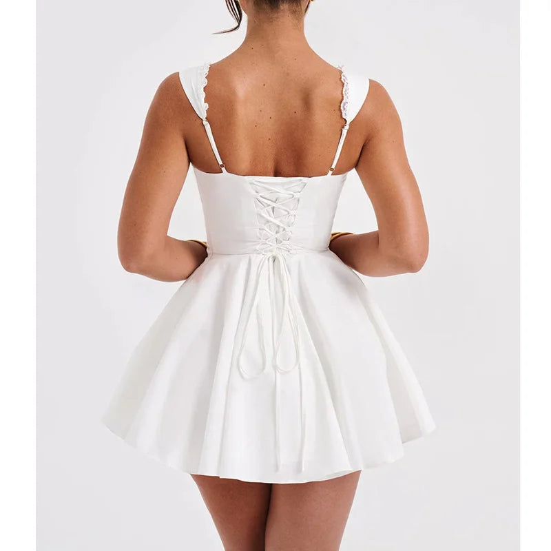 Sexy Corset Dress Women Solid Color Square Collar Sleeveless Lace Trim Hem A Line Mini Dress Evening Party Dresses