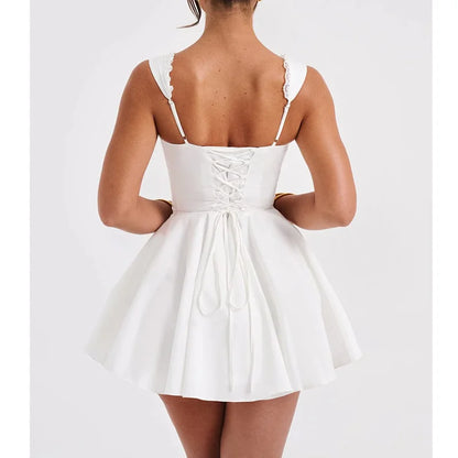 Sexy Corset Dress Women Solid Color Square Collar Sleeveless Lace Trim Hem A Line Mini Dress Evening Party Dresses