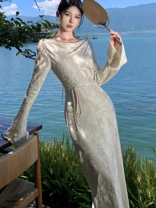 Vestidos de noche vintage franceses para mujer, otoño, ceñidos, para boda, graduación, manga acampanada, cuello alto, midi, nuevos