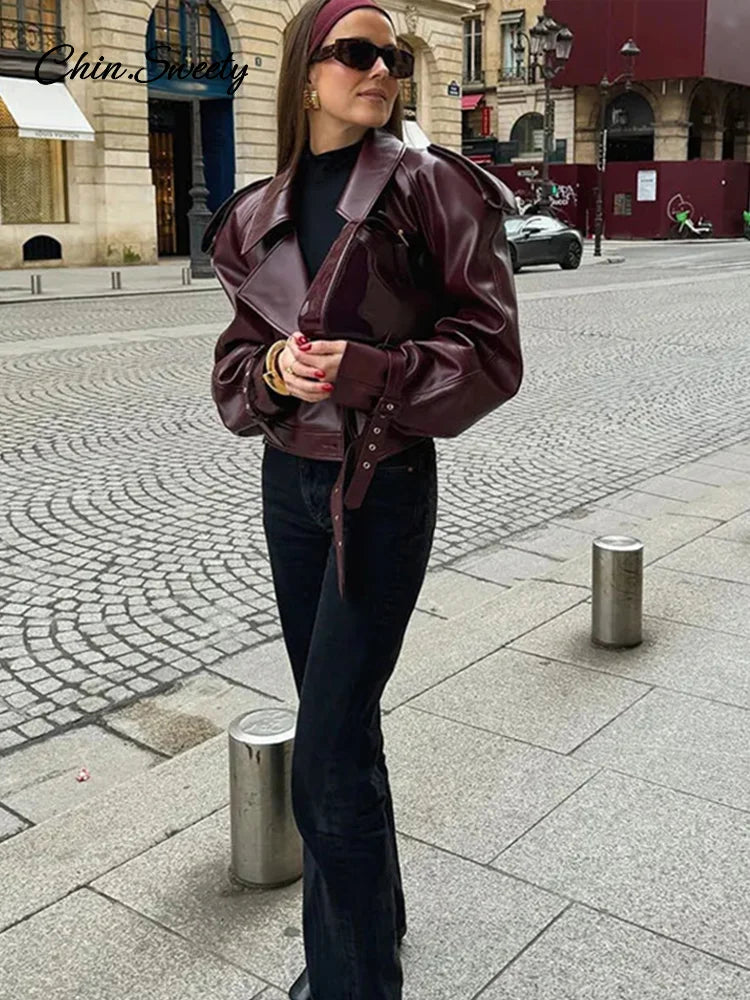 Chaqueta corta informal de cuero con cinturón y solapa, abrigo corto de manga larga, nueva moda para dama, ropa de calle para fiestas, nueva ropa exterior _