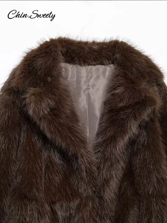 Chaqueta de piel sintética marrón de lujo para mujer, abrigo grueso y esponjoso de manga larga con solapa extragrande, ropa de calle cálida de lujo para invierno.