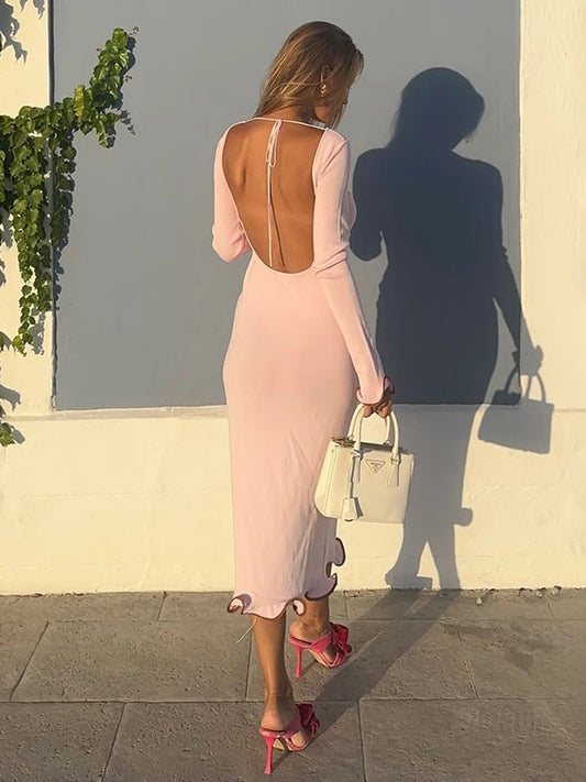 Vestido largo de punto con volantes y espalda descubierta para mujer, con mangas acampanadas y colores contrastantes, sexy, ajustado, para fiesta de noche, otoño
