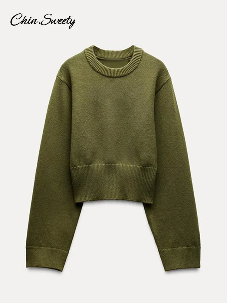 Vintage Solid O-Neck Cropped Sweater Pullover For Women Casual Long Sleeved Loose Jumper Female 2025 Spring Lady High Streetwear