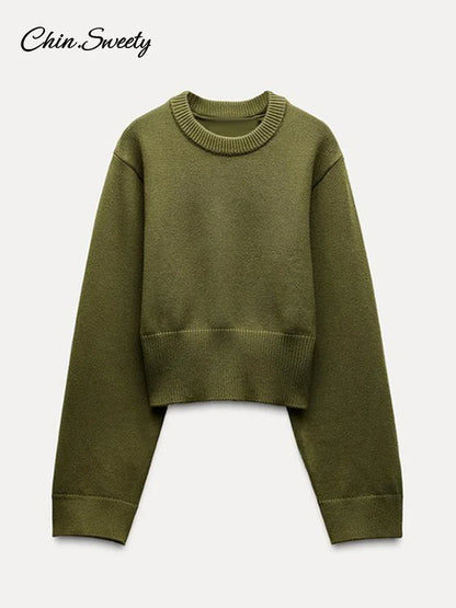 Vintage Solid O-Neck Cropped Sweater Pullover For Women Casual Long Sleeved Loose Jumper Female 2025 Spring Lady High Streetwear