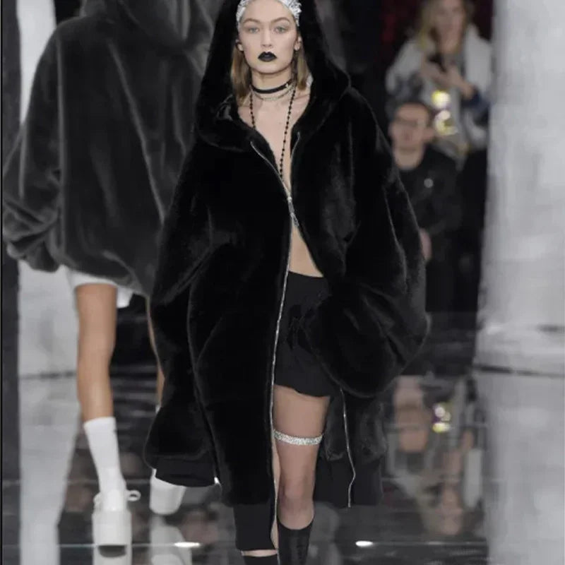 Abrigo largo de piel sintética de marca de lujo de moda de invierno para mujer, chaqueta con capucha y cremallera, abrigos gruesos y cálidos de piel sintética de conejo de peluche