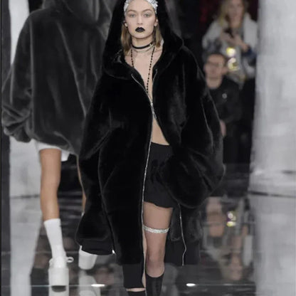 Abrigo largo de piel sintética de marca de lujo de moda de invierno para mujer, chaqueta con capucha y cremallera, abrigos gruesos y cálidos de piel sintética de conejo de peluche