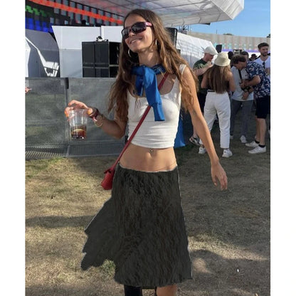 Falda de encaje para mujer, blanca, transparente, con encaje floral, cintura baja, midi, Y2K, estética Fairycore, falda playera, ropa de club.