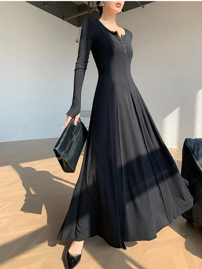 Vestidos casuales de punto para mujer, manga larga, cuello cuadrado, corte A, vestido maxi de otoño, moda coreana, vestidos sólidos para mujer, nuevo