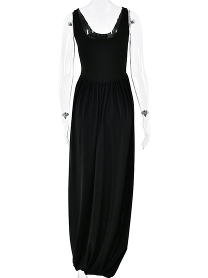 Elegante vestido largo ajustado elástico sin mangas para mujer, falda esponjosa con abertura en la espalda, vestido de noche ajustado para fiestas y vacaciones.
