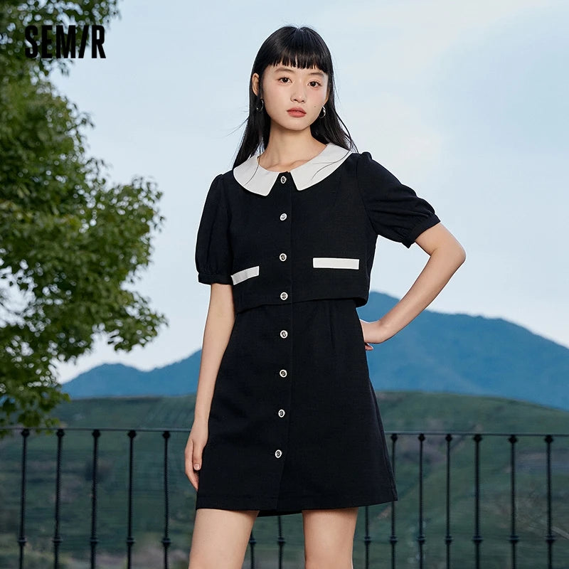Dress Women Contrast Texture Fake Two Pieces  Summer New Bubble Sleeve Breasted Short Dress Elegant Small Fragrance