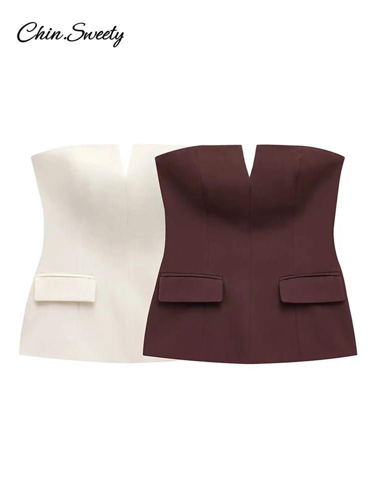 Elegante top corto con hombros descubiertos para mujer, liso, sin espalda, con cremallera, tipo tubo, para oficina, verano 2025