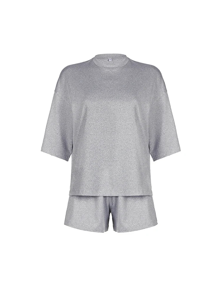 Conjunto de 2 piezas de camiseta y pantalones cortos informales, holgados, básicos, de media manga, color gris liso, con cuello redondo, para mujer, ropa de hogar informal