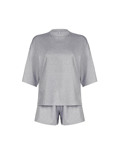 Conjunto de 2 piezas de camiseta y pantalones cortos informales, holgados, básicos, de media manga, color gris liso, con cuello redondo, para mujer, ropa de hogar informal