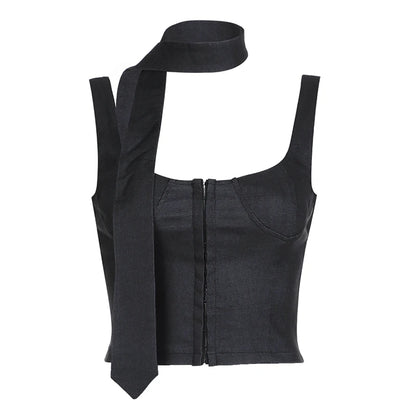 Women Tank Top with Scarf Fashion Basic Sleeveless Button Up Vest Tops Streetwear Vintage Gray Square Collar Camis