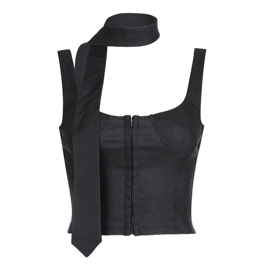 Women Tank Top with Scarf Fashion Basic Sleeveless Button Up Vest Tops Streetwear Vintage Gray Square Collar Camis