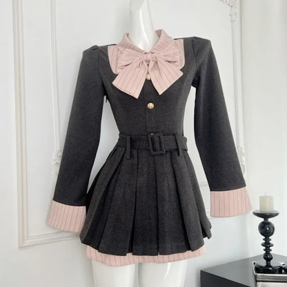 Vestidos blazer Y2K para mujer, estilo preppy, otoño, nuevo, patchwork, manga larga, plisado, corte A, lazo, moda coreana, ropa femenina