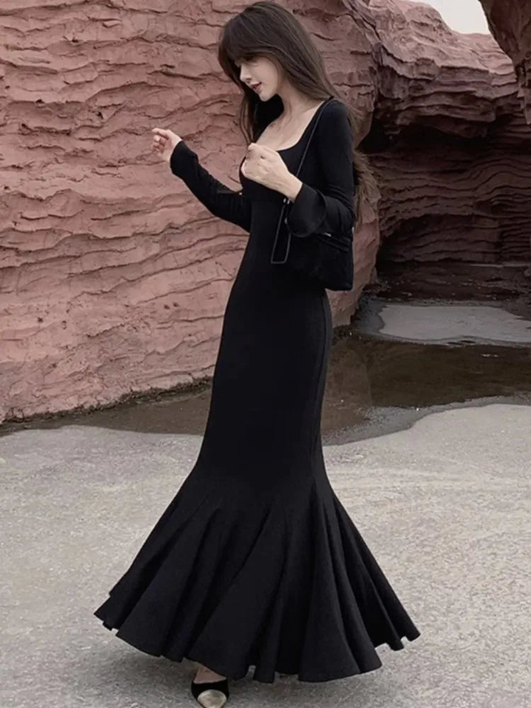 Autumn Fashion Long Dresses for Women Long Sleeves Square Collar Korean Style Slim Fit Mermaid Elegant Basic Solid Vestidos New