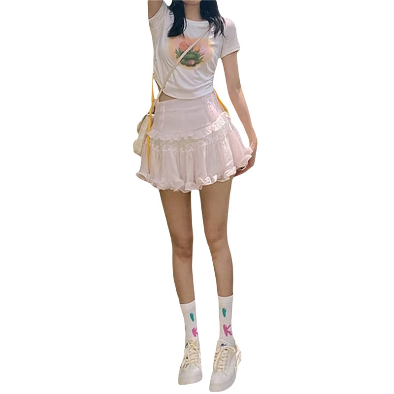 Kawaii Skirts Women Sweet Lolita Lace Patchwork High Waist Ruffle Hem A Line Pleated Skirts y2k Grunge Skirt Streetwear