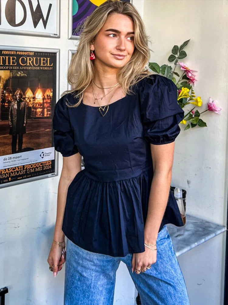 Camisas vintage con mangas abullonadas y cordones para mujer, camisa elegante lisa sin espalda con cuello cuadrado, blusas de calle de moda dulce de verano para mujer