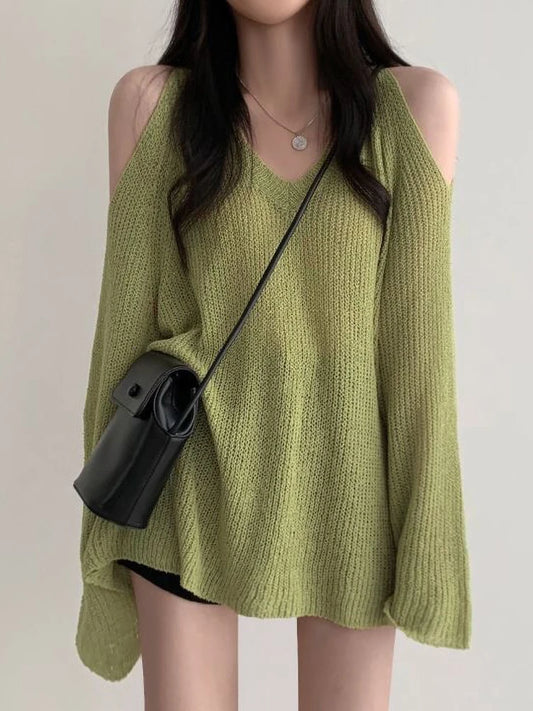 Suéter coreano Dongdaemun de manga larga con hombros descubiertos y cuello en V, jersey holgado, elegante y sexy para jóvenes.