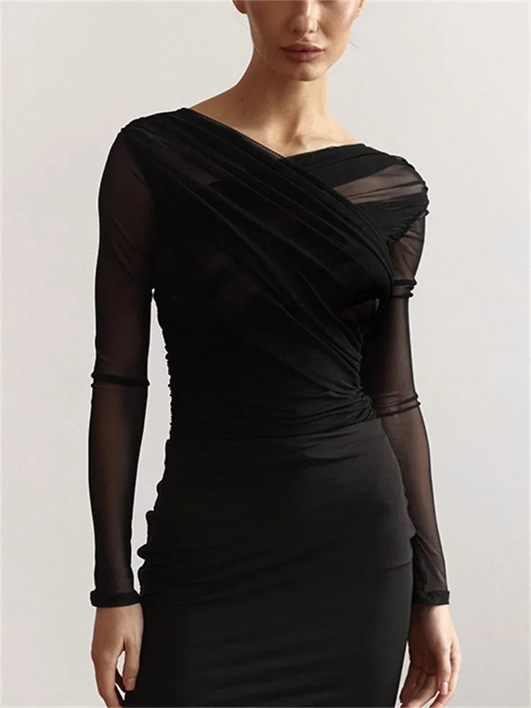 Camiseta de malla con cuello en V y retazos para mujer, top liso de manga larga, estilo Y2k, top sexy para mujer para otoño