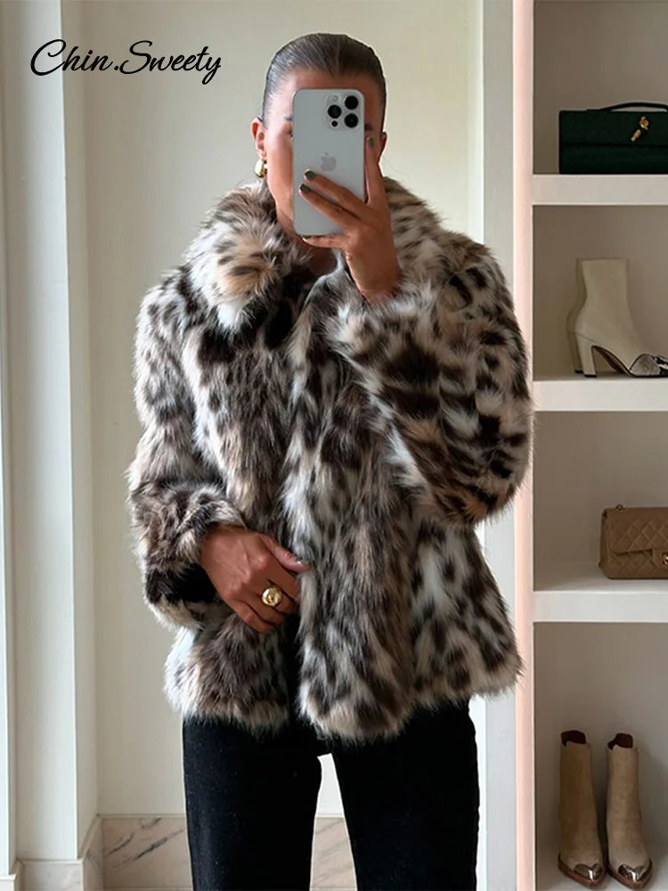 Abrigo corto de piel sintética con estampado de leopardo para mujer, chaqueta de botones sueltos con solapa de felpa abullonada, abrigo grueso y cálido de invierno