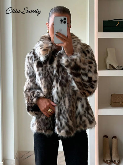 Abrigo corto de piel sintética con estampado de leopardo para mujer, chaqueta de botones sueltos con solapa de felpa abullonada, abrigo grueso y cálido de invierno