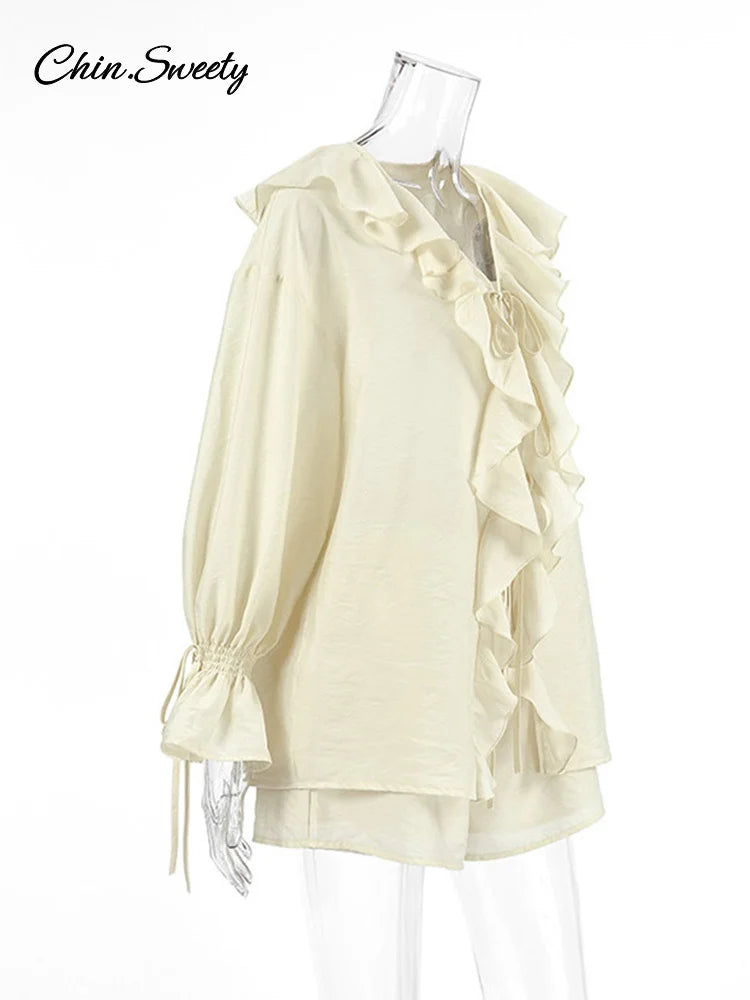 Conjunto de 2 piezas de pantalones cortos holgados con volantes para mujer, cuello en V, camisas caladas, pantalones cortos de pierna ancha, traje blanco para primavera y verano 2025.