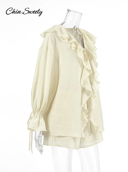 Conjunto de 2 piezas de pantalones cortos holgados con volantes para mujer, cuello en V, camisas caladas, pantalones cortos de pierna ancha, traje blanco para primavera y verano 2025.