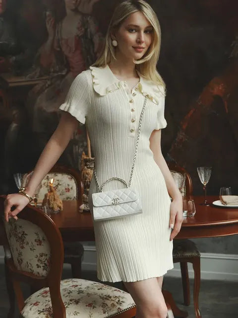 Vestido mini de punto con volantes, cintura alta, elegante, color liso, ajustado, retro, botonadura sencilla, manga corta, sexy, para mujer