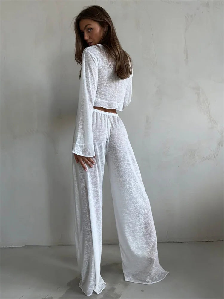Conjunto informal de dos piezas para mujer, con cuello en V, manga larga con cordones y pantalones de cintura alta.