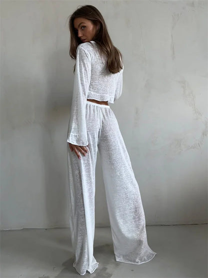Conjunto informal de dos piezas para mujer, con cuello en V, manga larga con cordones y pantalones de cintura alta.