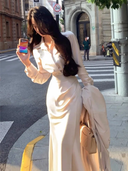 Elegante conjunto de falda de 2 piezas de color liso, camisa de manga larga para mujer, falda de sirena midi de cintura estrecha, ropa de oficina de moda coreana para mujer