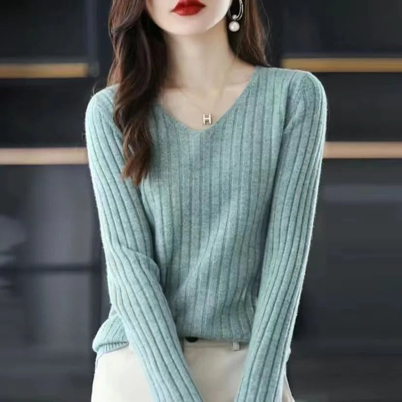 Suéter de mujer, jersey de manga larga de punto, cuello en V, suéter de moda para mujer, ropa básica de invierno para mujer, suéter liso OL DF4933