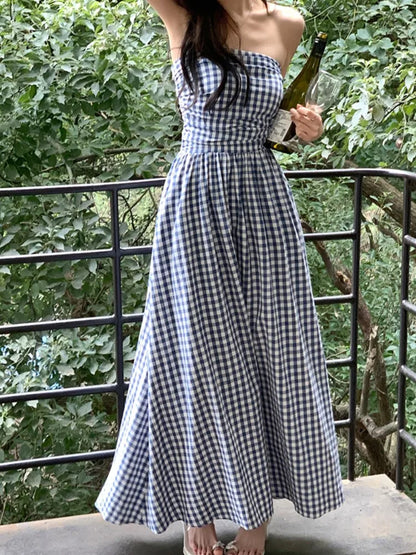 Vestidos midi casuales sin tirantes para mujer, a rayas, sin mangas, corte en A, estilo coreano, elegante, para fiesta de verano, nuevos vestidos para mujer