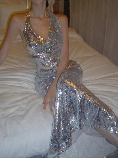Vestido de fiesta de noche sexy ajustado con lentejuelas, escote en V, espalda descubierta, sin mangas, para boda, sirena, largo, nuevo