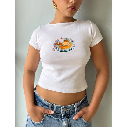 y2k Baby Tee Women Craphic Crop Top Round Neck Short Sleeve T Shirt Casual Vest 2000s Aesthetic Clothes Streetwear