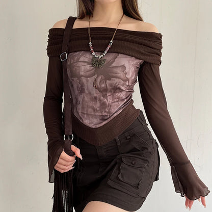 Top de mujer con mangas acampanadas y hombros descubiertos, estilo patchwork, estilo Y2K, estilo grunge, corte entallado, estilo vintage sexy, otoño de los años 2000