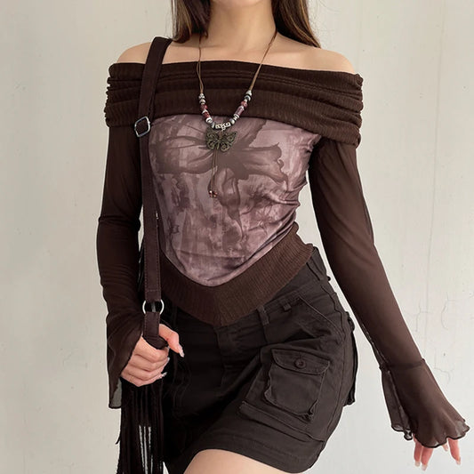 Women’s Flare Sleeve Patchwork Off Shoulder Top Y2K Pullovers Grunge Slim Fit Outfits Sexy Vintage Autumn 2000s